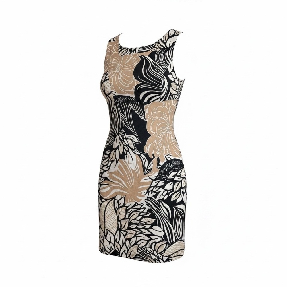 BPC Selection Bonprix Floral Sheath Dress Black Tan White Size 12 Sleeveless
